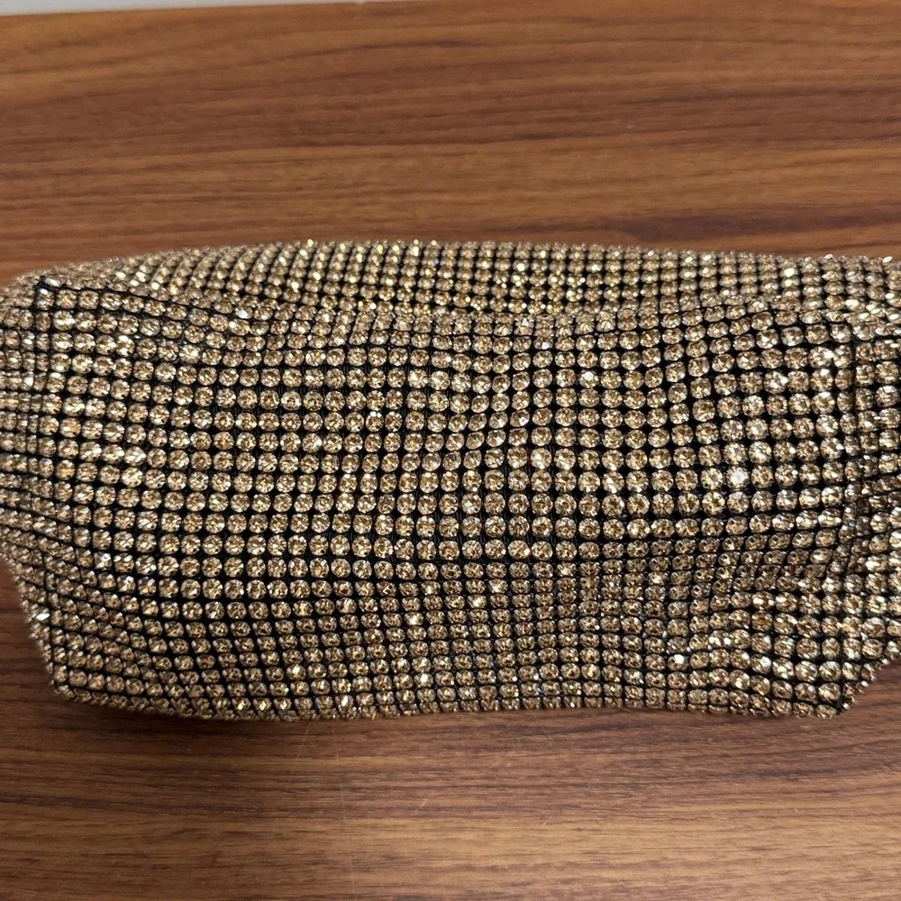 NWT Madison West Champagne Rhinestone Bag with a Knotted Top Handle.